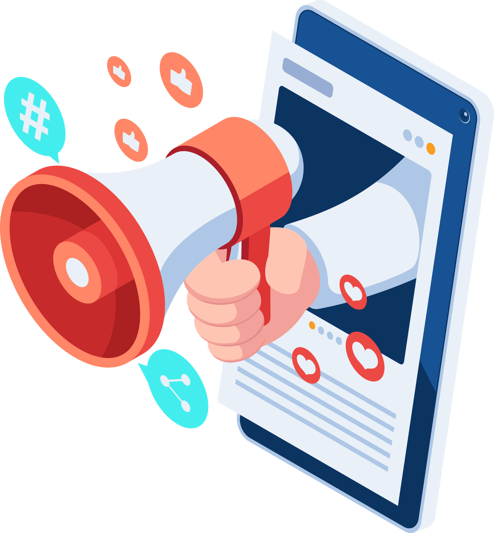 Isometric Hand with Megaphone Out From Social Media Window